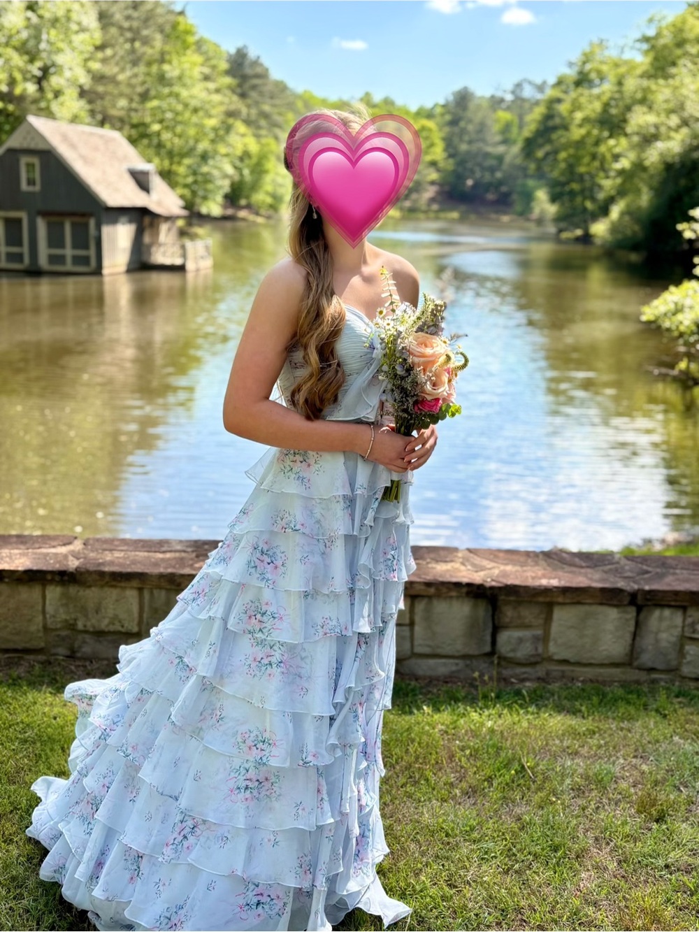 Sherri Hill Light Blue Floral Tiered Ruffle Prom Dress style 57907 s8 unaltered